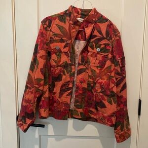 Chico’s Ladies Blazer.  Size‎ 2.  Red/Green Flower Design.  Two Front Pockets.